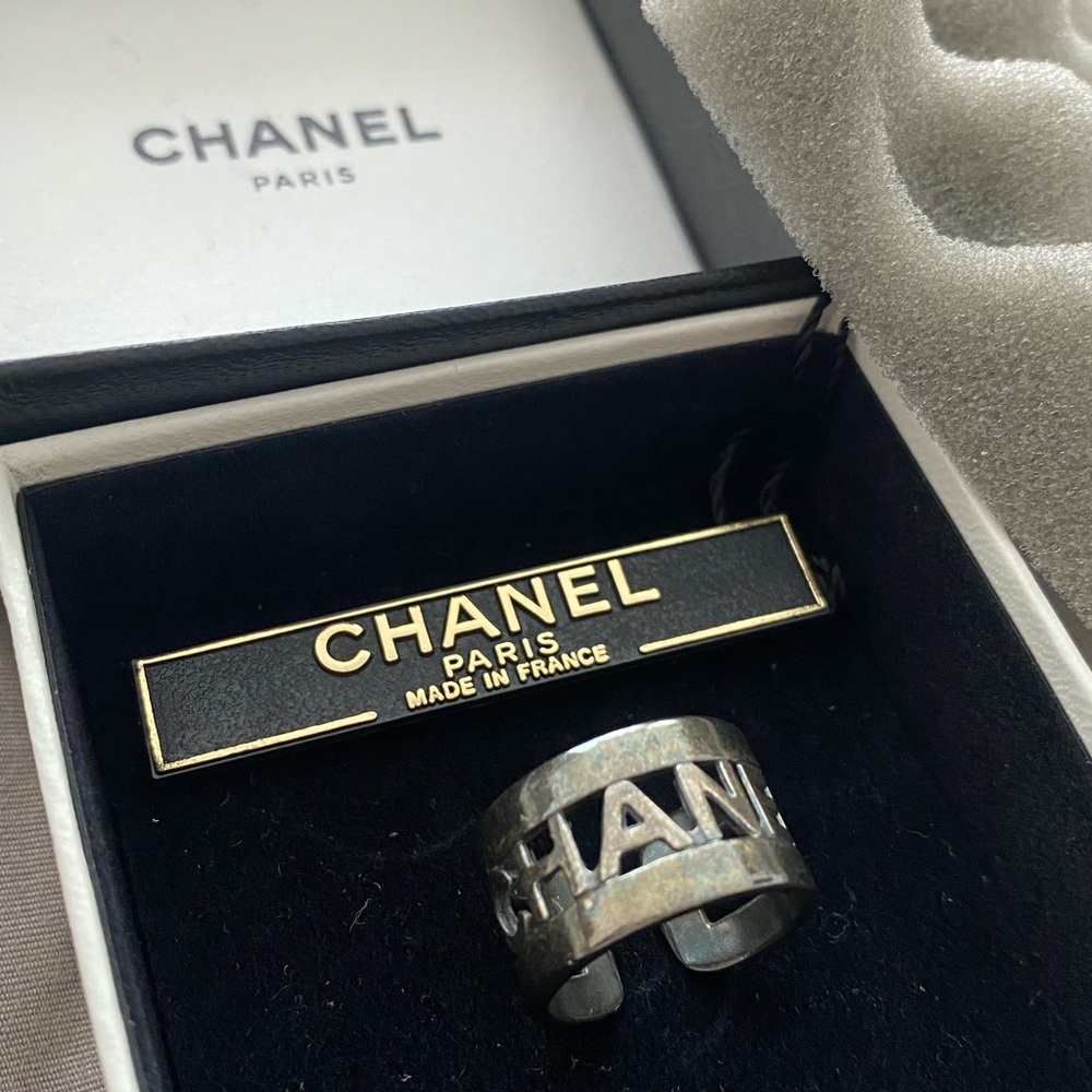 Authentic CHANEL Vintage Silver Logo Ring With Box & Tags